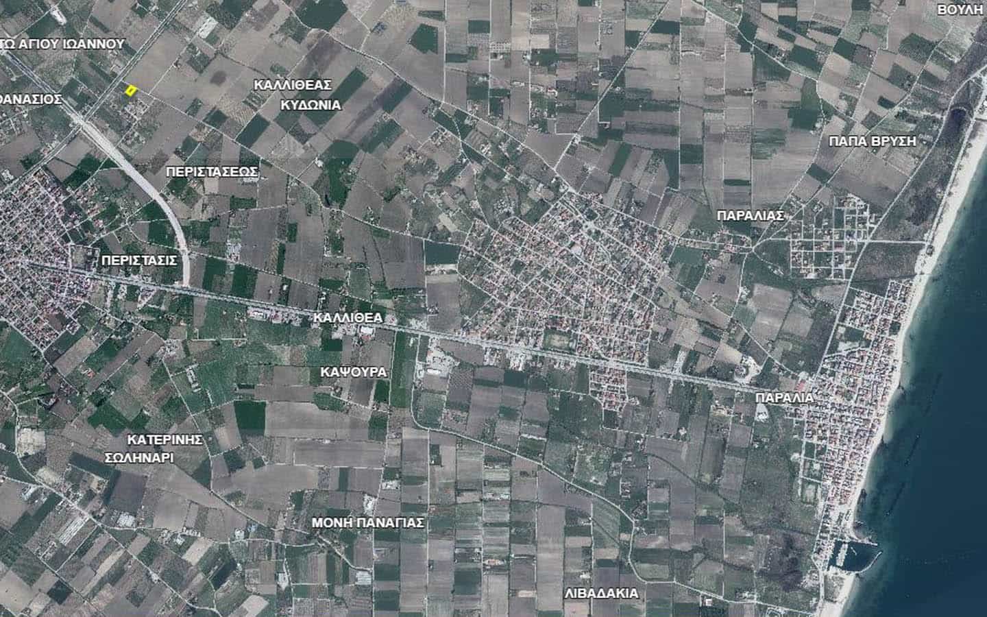 Θέα από ψηλά με θάλασσα στο αγροτεμάχιο στην Περίσταση Πιερίας με δόμηση και διαμπερές Νο 3 copy