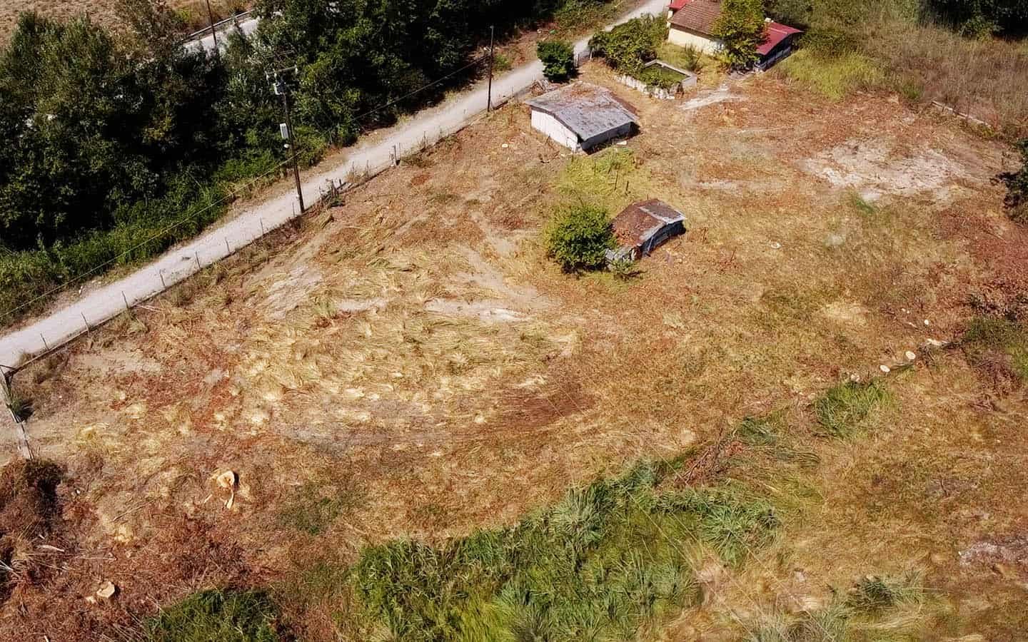 Προβατιδης μεσιτικά Γρίτσα θέα από ψιλά στο παραθαλάσσιο αγροτεμάχιο με δρόμο και κτίσματα