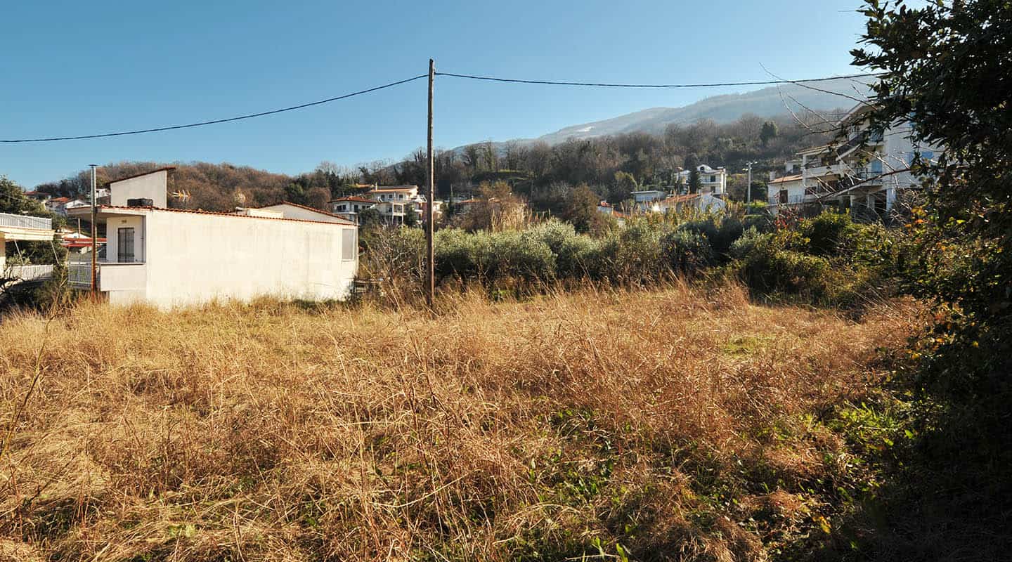 Στόμιο7-Προβατίδης Στάθης Προβατίδης μεσιτικά πώληση παραθαλάσσβν οικοπέδων και αγροτεμαχίων στην Πιερία και θεσσαλία-Στόμιο θέα από ψιλα στο οικόπεδο με άλλες κατοικίες στο βάθος και ελαίωνας